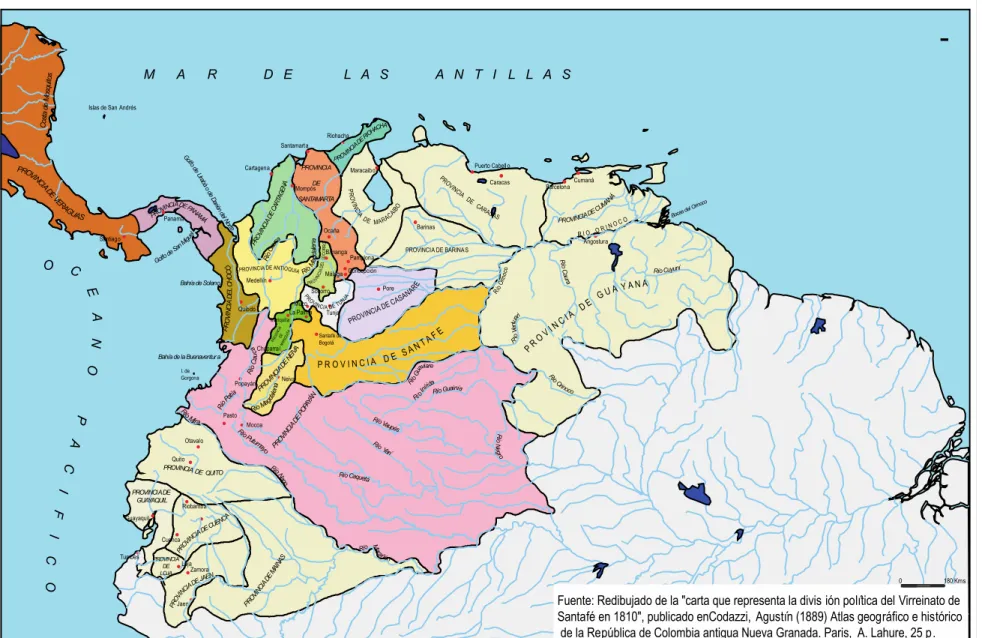 Figura 12. División político-administrativa del  Virreinato de la Nueva Granada en 1810.