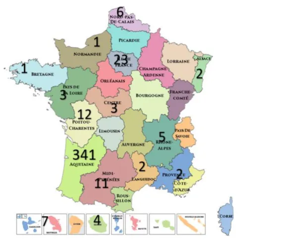 Figure 2 : Répartition des médecins répondants en fonction de la région de l’internat,   Enquête médecins généralistes et pharmacovigilance, Aquitaine, 2018-19 (n=423) 