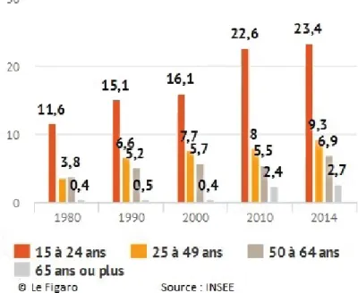 Figure 10 : Hausse du taux de chômage des jeunes entre 1980 et 2014, en France.