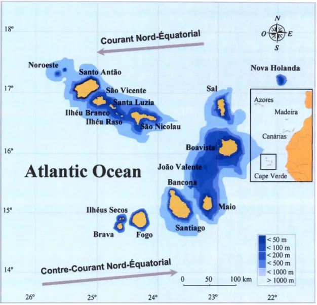 Figure 4 Carte  de  l'archipel  du  Cap-Vert et sa  localisation dans  la  région  biogéographique  de  la  Macaronésie avec trois autres archipels (Azores, Madère et Canaries)