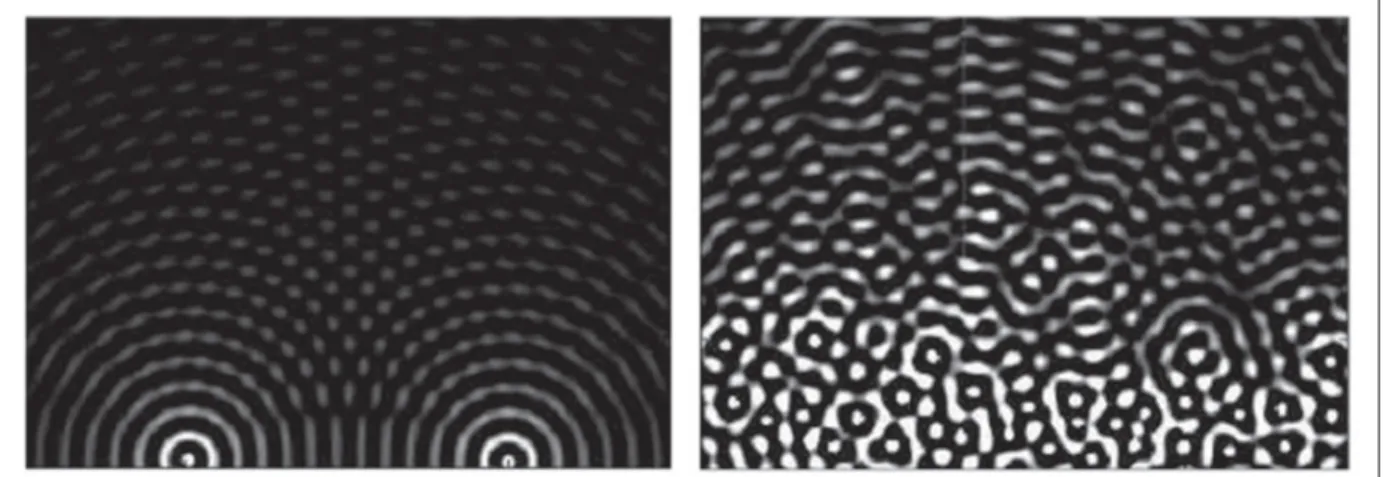 Figure 1.5 Interférence des ondes ultrasonores dues à deux diffuseurs (gauche) et à de multiples diffuseurs (droite) vue de dessus