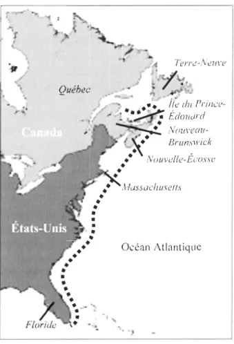 Figure  1.4  Répartition  de  l' espèce  Mercenaria  mercenaria  sur  la  côte  est  du  continent  nord-américain