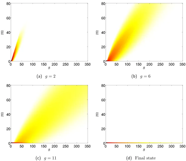 Figure 3.1: Representation of (s, m) phase space for the infinite-size network algorithm: s denotes the number of infected nodes by the end of the g-th generation and m denotes the number of new infections that occurred since the last generation