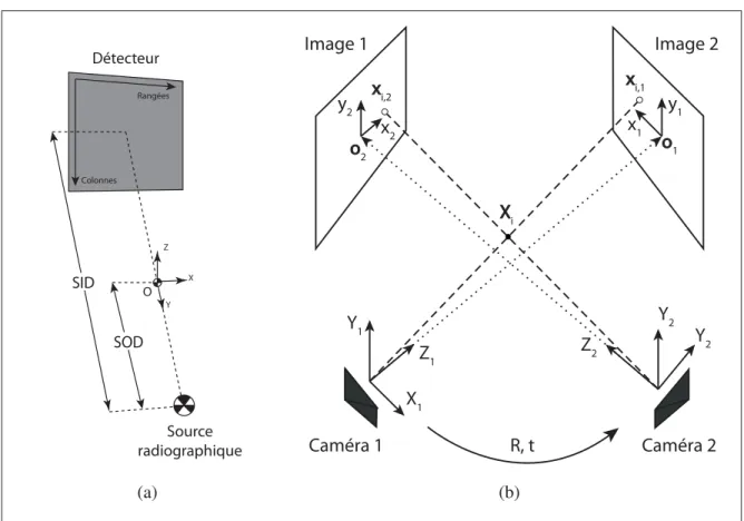 Figure 2.3 Modèle de caméra angiographique : (a) relation entre la source, le point principal et le détecteur, (b) relation entre deux caméras