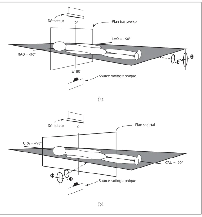 Figure 2.4 Plans et références patient : (a) Plan transverse et axe RAO/LAO, (b) Plan sagittale et axe CRA/CAU