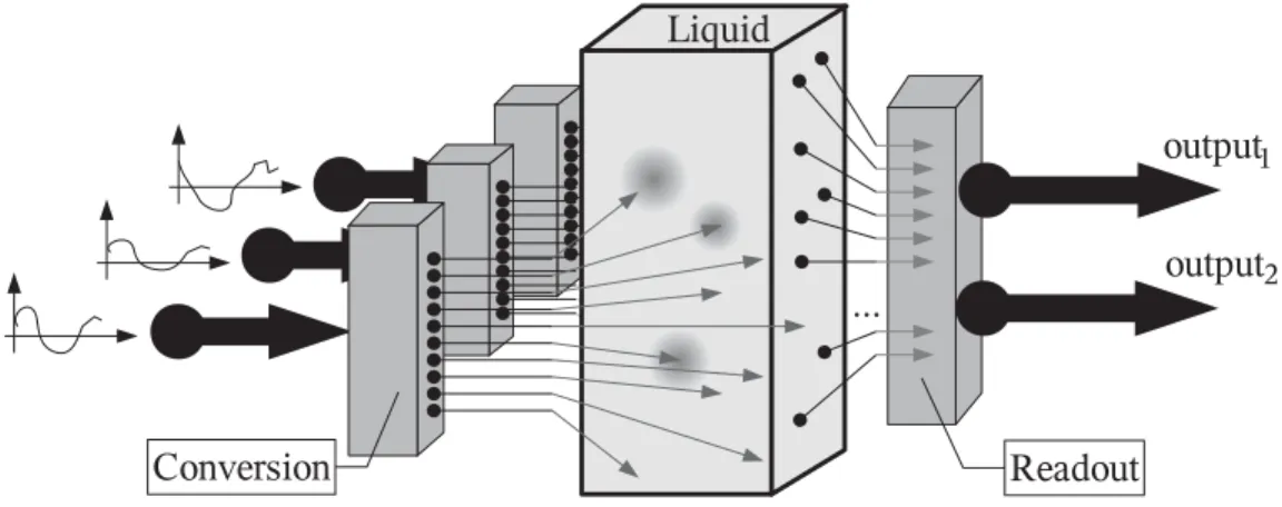 Figure 1. A representation of the Liquid State Machine: on the left side the conversion sub- sub-system, one for each input signal connected to the liquid using 10 lines; on the right the readout subsystem and the output lines.