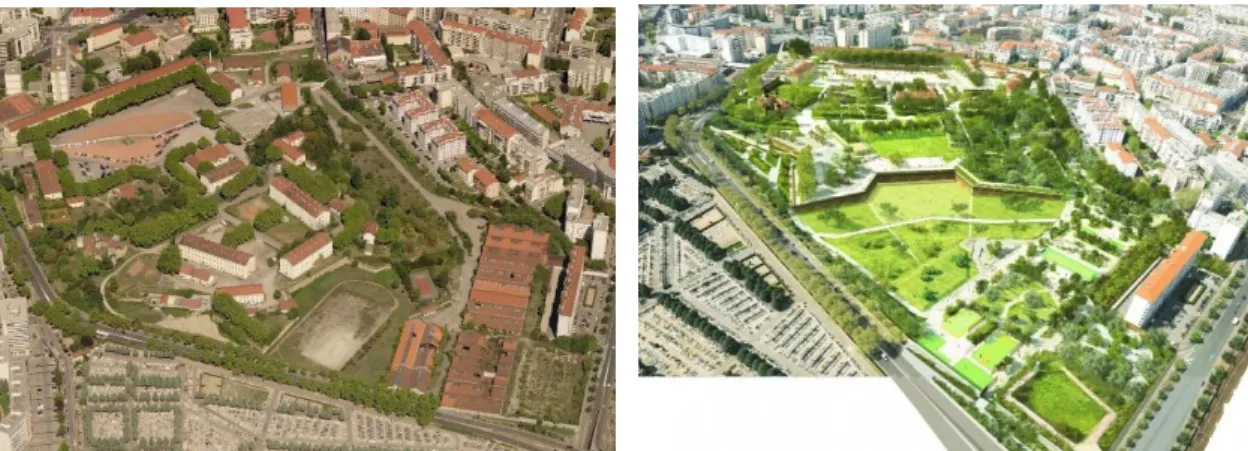 Figure 14: perspective du futur parc Blandan  Source : Métropole grand Lyon, 2012Figure 15: Photo aérienne de la caserne Blandan 