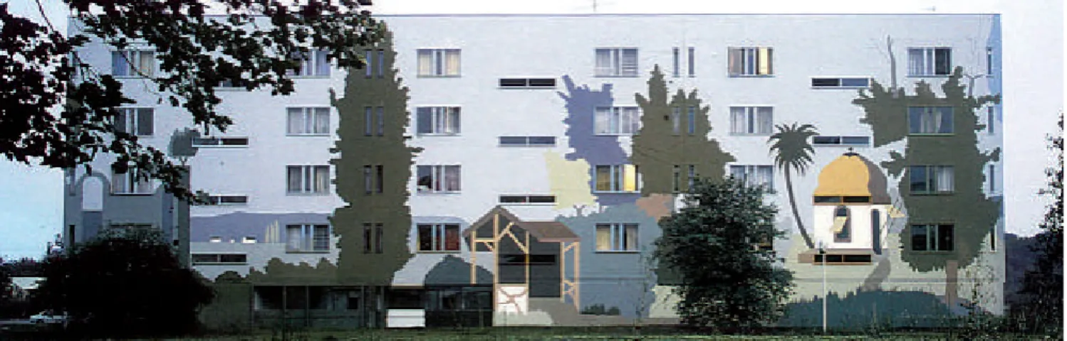 Fig. 1 - Coloration de façade sur un bâtiment HLM à Uckange par Bernard Lassus - Auteur : Monika Nikolic © -  Source : Villes-paysages,couleurs en Lorraine , Bernard Lassus (1989) 