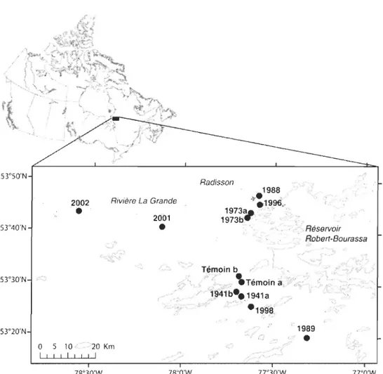 Figure  1.  Localisation de l'aire  d'étude et  dates  de  feux  des différents  sites étudiés 