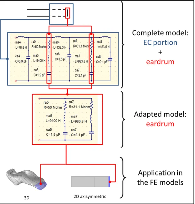 Figure 2.3 : Adaptation of the complete lumped model of the IEC711 coupler and   application to the 3D and the 2D axisymmetric models (open and occluded ear cases) 