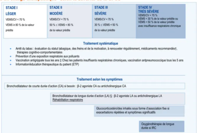 Figure 7 : Prise en charge thérapeutique selon la sévérité de la BPCO (HAS Juin 2014) 