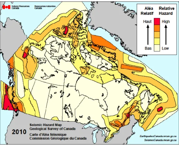 Figure 4 : Carte de l'aléa sismique simplifié du Canada (tirée de RNC, 2010) 