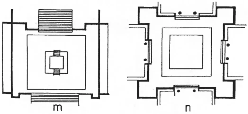 Fig. 41. Types de patios présents à Monte Albén. Tiré de Acosta, 1965.