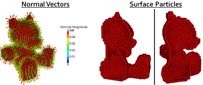 Figure 3-13 – Normal Vectors and Surface Particles – Left: Normal vectors; right: Free surface  particles  