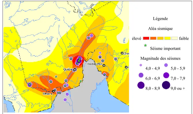 Figure 1.1 Aléa sismique et principaux séismes de l’Est du Canada 2009.  