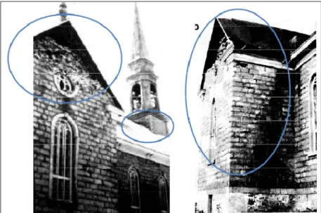 Figure 1.4 Église de Rivière-Ouelle - rupture hors-plan du   pignon et fissure de cisaillement