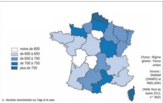 Figure n° 1: Nombre d’insuffisants cardiaques par région pour 100 000 habitants en 2008 en  France Métropolitaine