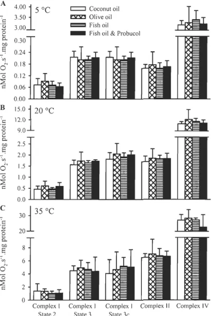 Figure  1.1:  Oxygen  consumption by heart mitochondria measured  at  different  states  for rats fed with four experimental diets