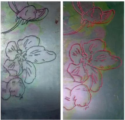 Figure 1. 8 Expérimentations, Broderie sur acrylique + acier et transfert d’image, 2014 2