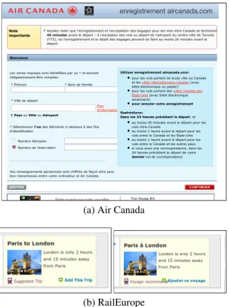 Figure 1.4: Examples of overlapping portions of a page (a) Layout problem caused by insuffi- insuffi-cient document width; (b) caused by longer text in a French version of the site (RailEurope)