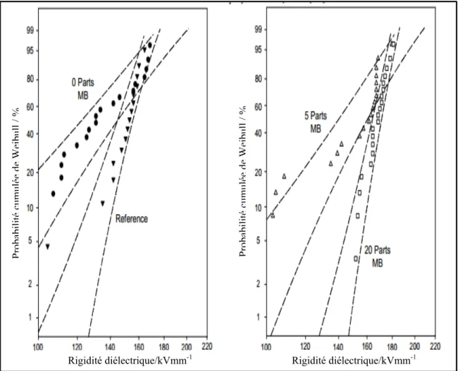 Figure 1.23 Variation de la rigidité diélectrique des systèmes PE/nanoargile                  