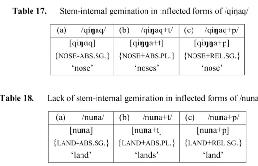 Table 17.  Stem-internal gemination in inflected forms of /qiŋaq/ 