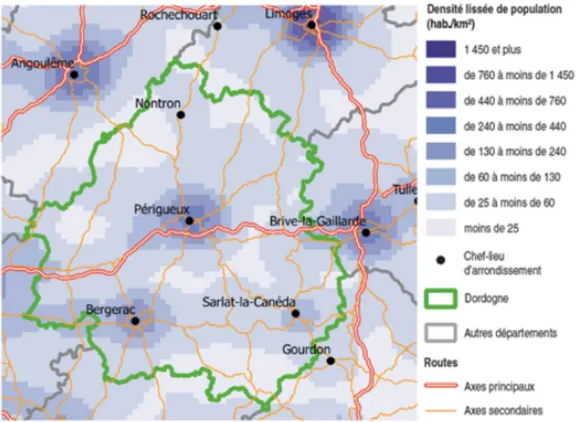 Figure 8 : Densité de population en Dordogne, une concentration plus  dense autour de Périgueux et de Bergerac