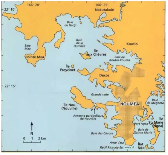 Figure 2 : Carte de Nouméa et ses baies, dans « Les serpents marins de Nouvelle- Nouvelle-Calédonie », 2002, p.55