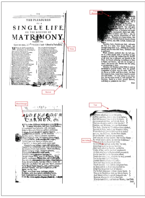 Figure 1.2 Examples of degradation types in historical printed documents.