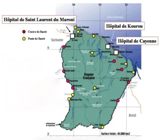 Figure 1 : Répartition géographique des hôpitaux et centre de santé de Guyane 