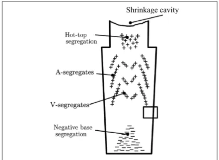 Figure 1.2 Schematic of macrosegregations in large  ingots. Positive segregation is denoted by + symbols  (regions enriched in solute) and negative by – (regions 