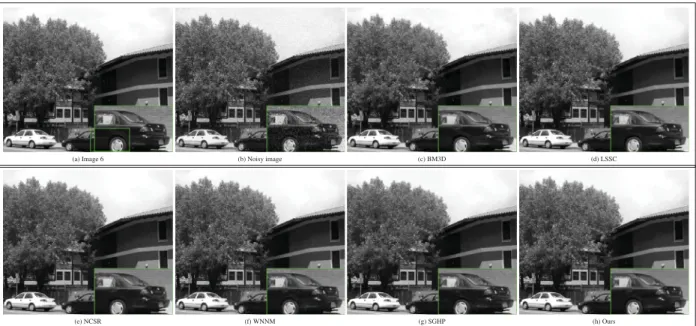 Figure 2.4 Denoising results on Image 6 (noise level σ = 30). (b) PSNR = 18.59 dB, SSIM = 0.368; (c) PSNR = 26.35 dB, SSIM = 0.824; (d) PSNR = 26.33 dB, SSIM = 0.825; (e) PSNR = 26.30 dB, SSIM = 0.820; (f) PSNR = 26.38 dB, SSIM = 0.822; (g)