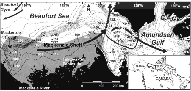 Figure  1.  Map of the Beaufort Sea and Amundsen Gulf illustrating the location of surface  sediment samples used  in our study