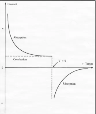 Figure 2.7 Courants de polarisation et   dépolarisation lors de l’application d’un   échelon de tension suivi d’un court-circuit 