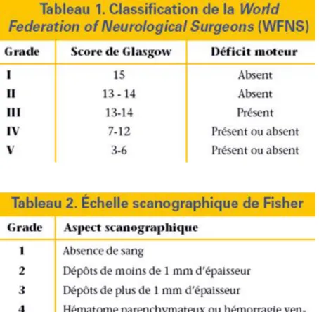 Tableau 1 : En haut : échelle WFNS. En bas : échelle de Fisher. 