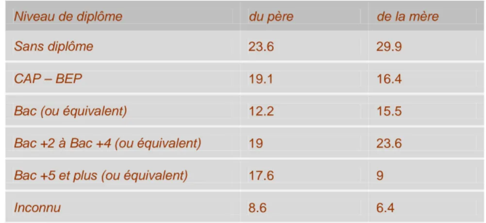 Tableau 2 - Niveau de diplôme des parents des inscrits aux MOOC (en %) 