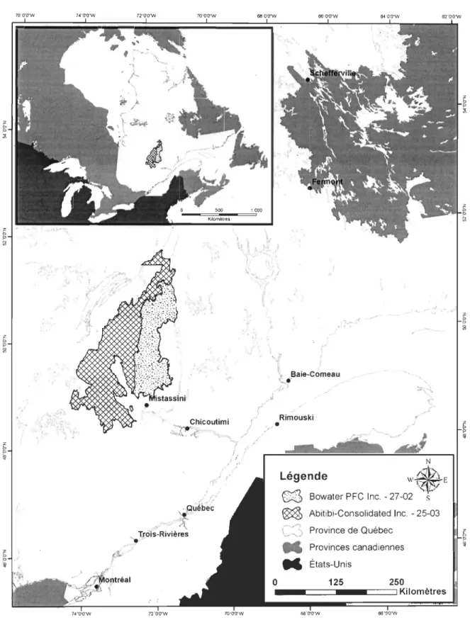 Figure  1.  Localisation de  l'aire d'étude et du  territoire respectif de  chacun  des deux  industriels  forestiers partenaires