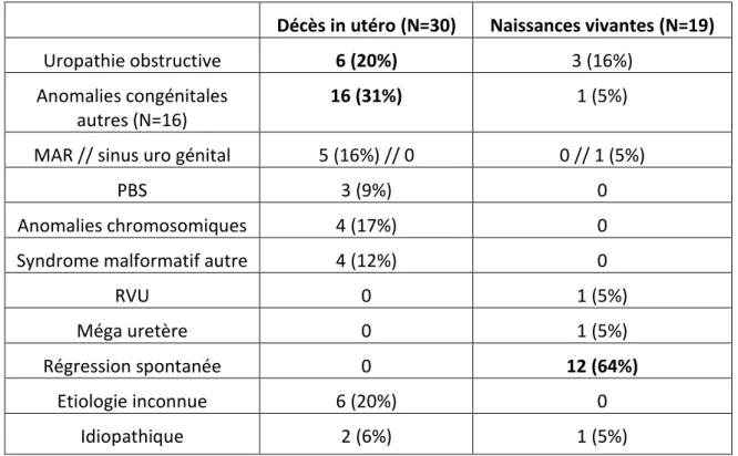 Tableau 6 : Etiologies des mégavessies fœtales diagnostiquées au 1 er  trimestre chez les  fœtus décédés in utéro et les fœtus nés vivants 