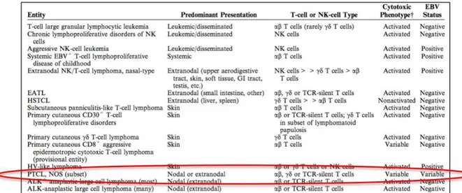 Figure 9 : Principaux lymphomes T et NK cytotoxiques selon la classification OMS de 2008 5,40