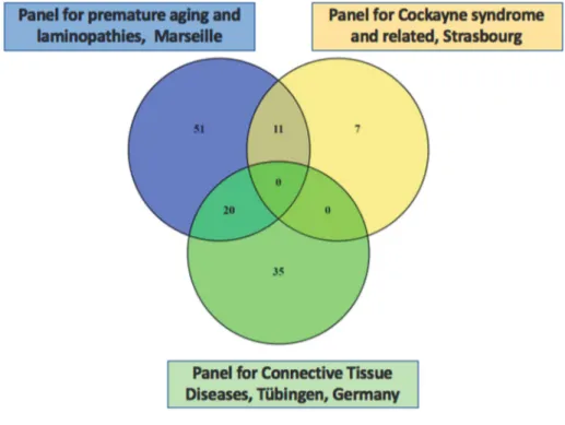 Figure 1: Venny diagrams showing the existing overlaps among available gene lists in a  diagnostic setting according to Orphanet, available to test patients with premature aging  disorders  (source: https://www.orpha.net/consor/cgi-bin/index.php)  and data