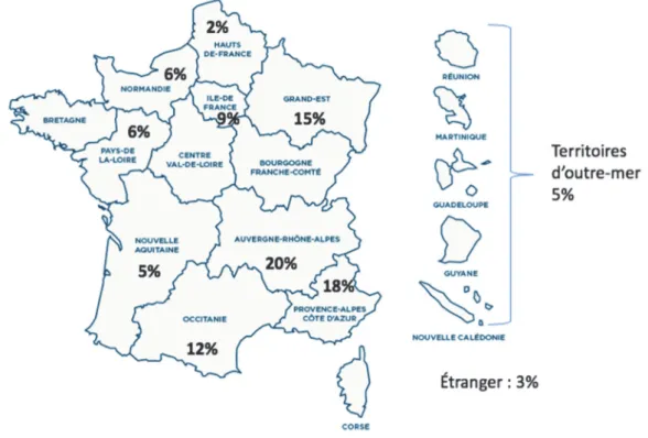 Figure 2 : Carte de la France représentant l’origine des prélèvements analysés dans notre  laboratoire