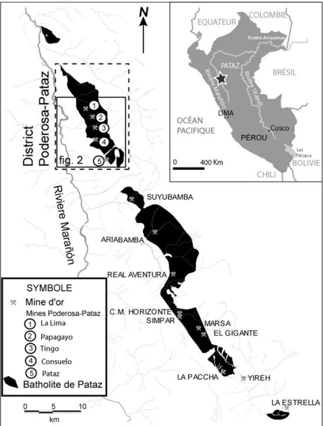 Figure 3. 1.  Localisation des mines aurifères dans le batholite de Pataz. 