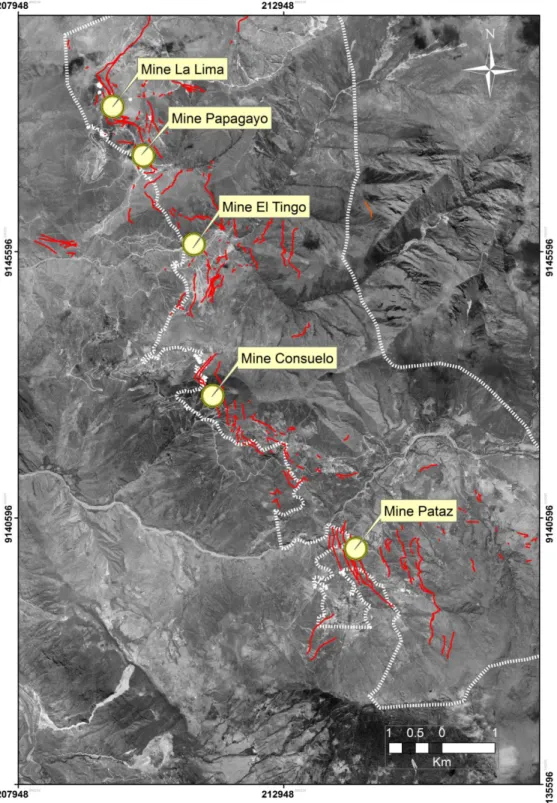 Figure  3.  2.  Orthophotographie  du  district  aurifère  Poderosa-Pataz,  montrant  en  rouge  la  distribution des veines en surface et en blanc la bordure du batholite de Pataz
