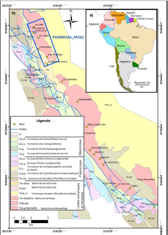 Figure 1. 5. Carte géologique des districts de Poderosa-Pataz et Parcoy et localisation du projet  (Source : Compañía Minera Poderosa S.A.)