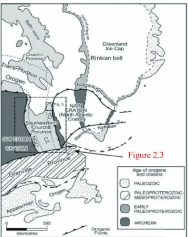 Figure 2.1. Localisation géographique et géologie de la partie sud-est de la Province de Churchill