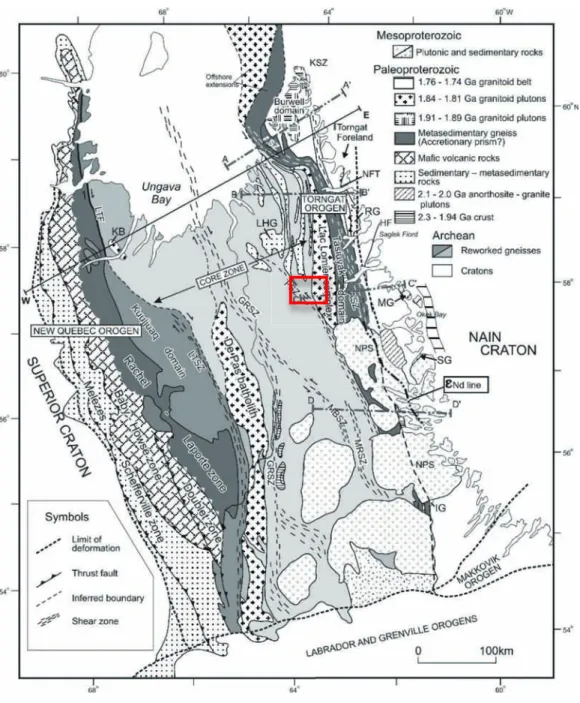 Figure  2.3.  Géologie  simplifiée  de  la  partie  sud-est  de  la  Province  de  Churchill  (Orogène  des  Torngat, Zone Noyau et Orogène du Nouveau-Québec) et localisation de la SMUN dans l’encadré  rouge (Wardle et al., 2002; pour les abréviations, se 