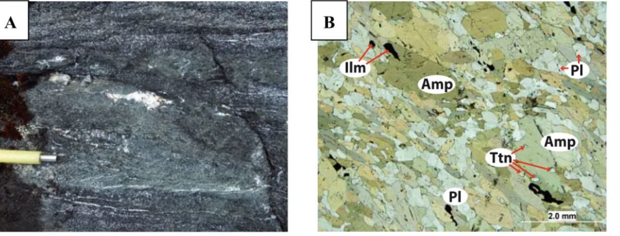 Figure  3.11.  Photographies  de  l’affleurement  (A)  et  de  lame  mince  (B)  de  l’amphibolite  basaltique (RPP-26-14)