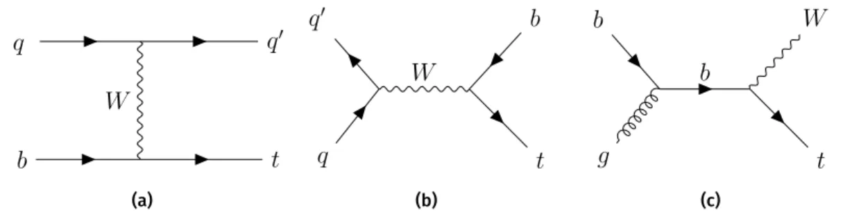 Figure 3.1 – Diagrammes aux niveaux d’arbres pour la production d’un seul quark top dans le Modèle standard, appelés respectivement (a) canal t, (b) canal s et (c) production tW 