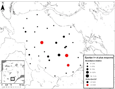 Figure 7 : Distribution spatiale de l’abondance des éperlans arc-en-ciel âgés d’un an et  plus au lac Saint-Jean lors des relevés annuels du MFFP pour la période 2001-2015