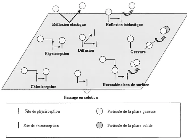 Figure 1-16 Représentation de différents processus pouvant avoir lieu à l’interface phase solide / phase gazeuse.